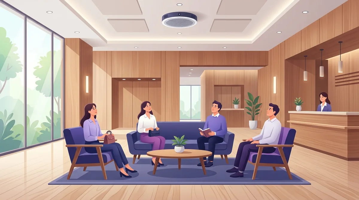 차분하고 정돈된 분위기의 학원 로비와 대기 공간