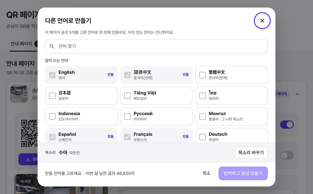 Pick languages — translation and audio are done for you