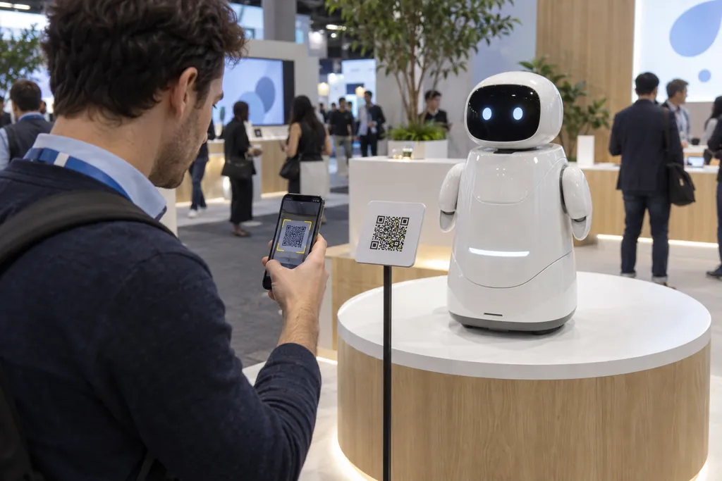 A visitor at a trade show booth scanning the QR code next to an AI home robot with a phone