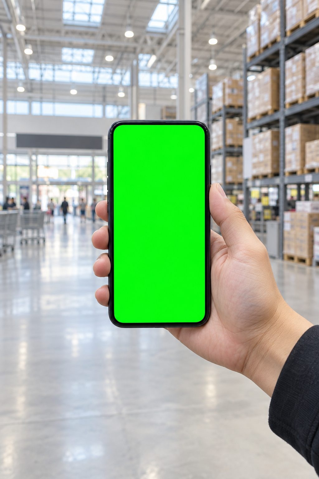 A visitor at the entrance of a warehouse store using the AI Help Desk on a phone