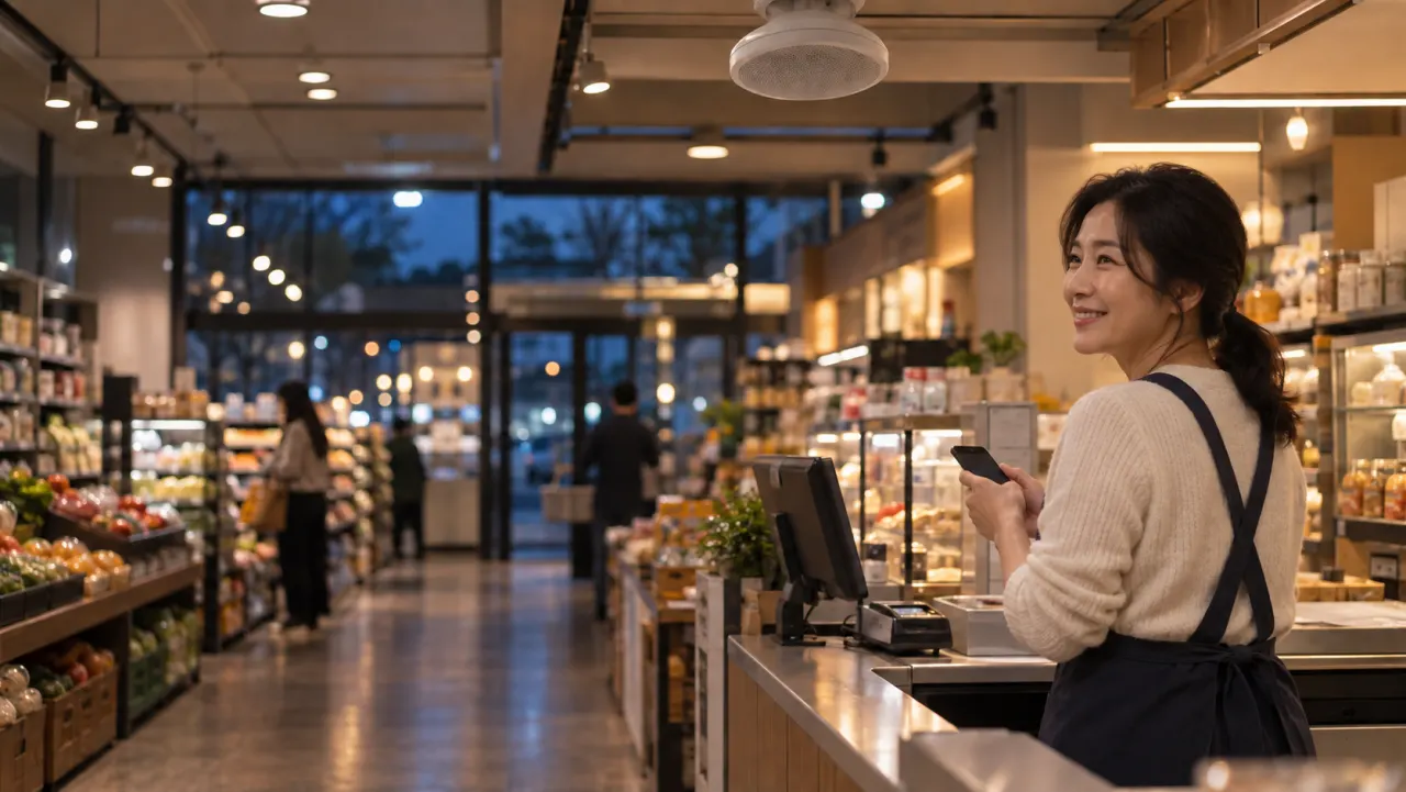 A neighborhood supermarket in the evening. The owner beside the counter holds a phone and smiles out at the store; there is a PC monitor on the counter and a round speaker on the ceiling.