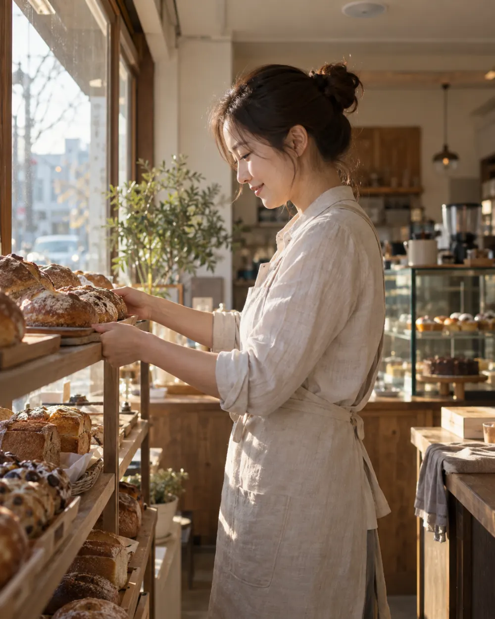 A neighborhood bakery owner arranging bread while getting ready to open in the morning