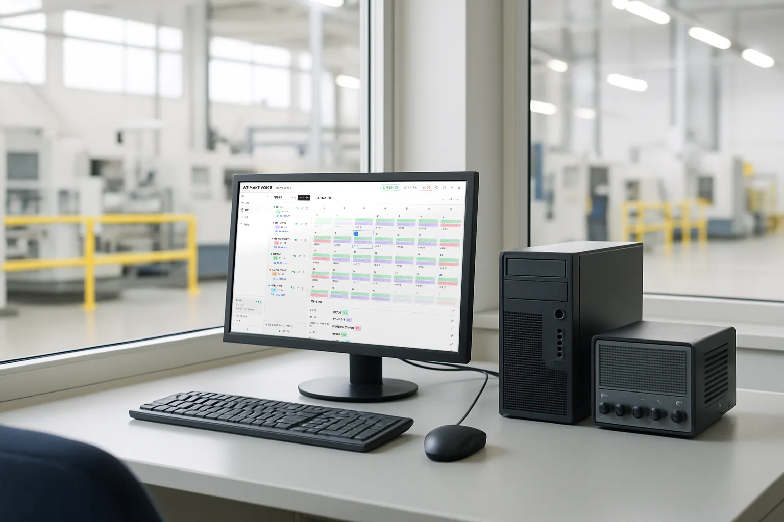 The scheduled broadcast screen open on a broadcast PC in a factory office