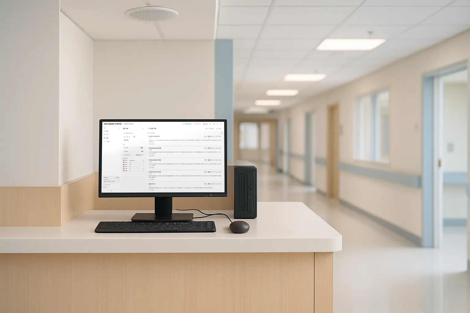 The broadcast history screen open on a broadcast PC at a hospital information desk