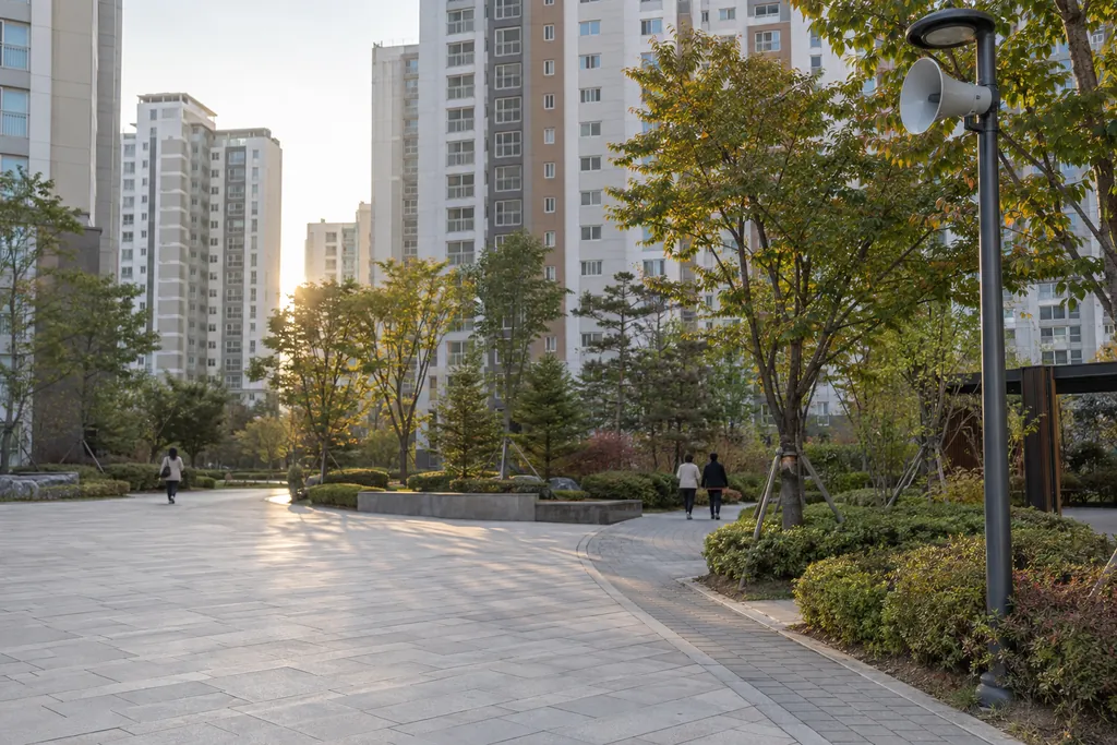아파트 단지 산책로 가로등에 달린 옥외 방송 스피커