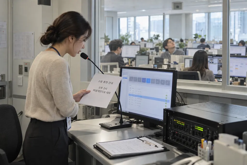 총무 담당자가 방송실에 가서 인쇄한 소방훈련 안내문을 보며 마이크로 직접 방송하는 모습