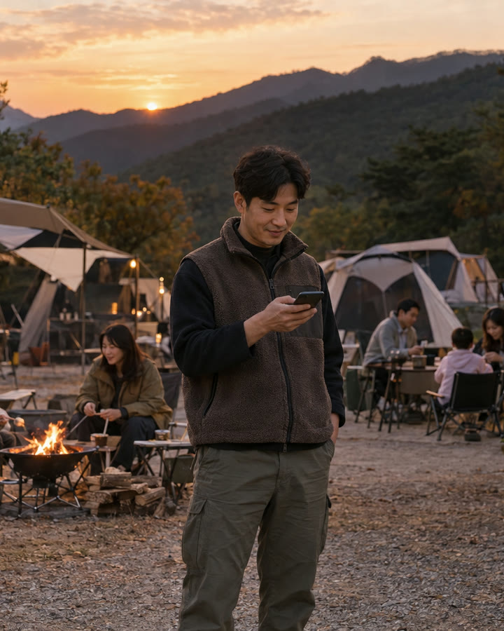 해 질 녘 오토캠핑장에서 가족들이 모닥불 앞에서 쉬고, 관리인이 관리동 앞에서 휴대폰으로 방송을 확인하는 모습