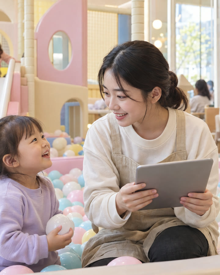 밝은 키즈카페에서 아이들이 볼풀과 미끄럼틀에서 놀고, 직원이 태블릿을 들고 아이와 눈을 맞추며 웃는 모습