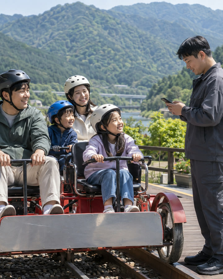 산골짜기 레일바이크 출발장에서 헬멧을 쓴 가족 탑승객이 출발을 기다리고, 직원이 휴대폰으로 출발 안내방송을 확인하는 모습